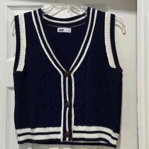 SO Preppy Collegiate Striped Cable Knit Cotton Button Front Sweater Vest NW/OT